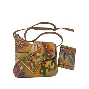 Anuschka Hand Painted Leather Crossbody Bag Wallet Set Southwestern Kokopelli